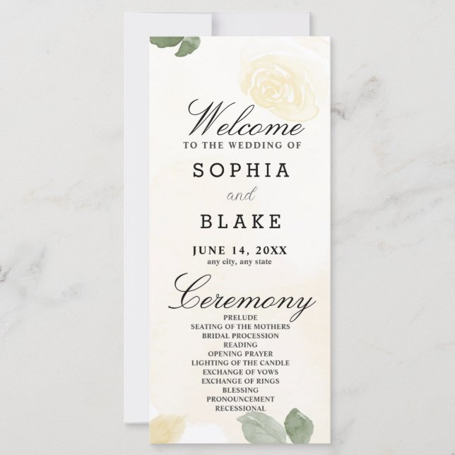 Pale Yellow Roses and Greenery Weding Program (Frente)