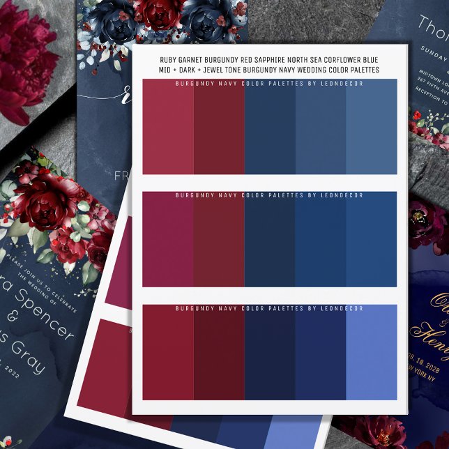 Paletas de cores para casamentos de tonalidades e  (Burgundy Navy Wedding Color Palette featuring 3 separate color palettes for your Navy Burgundy color)