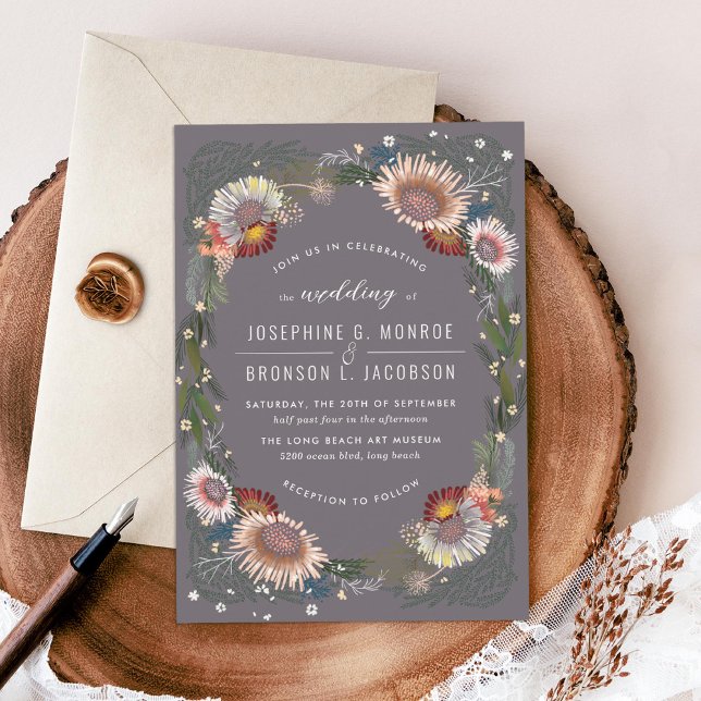 Palhetas Esboçadas Casamento Roxo Convite (Criador carregado)