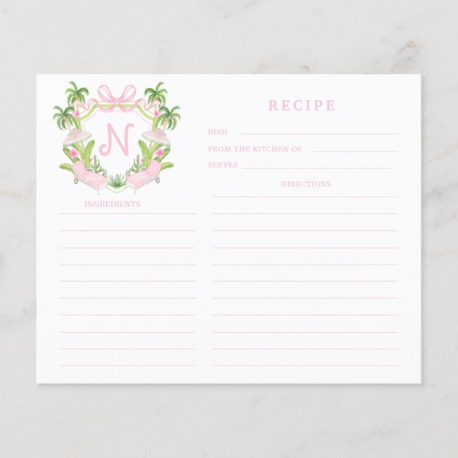Palm Beach Cabana Crest Monogram  Recipe Card (Frente)