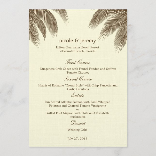Palm Beach Wedding Menu Card - Brown (Frente)