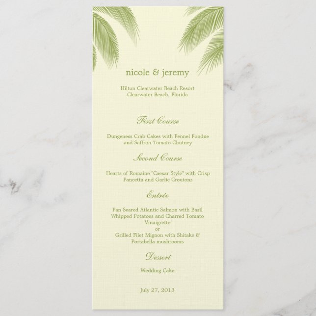 Palm Beach Wedding Menu Card - Verde (Frente)