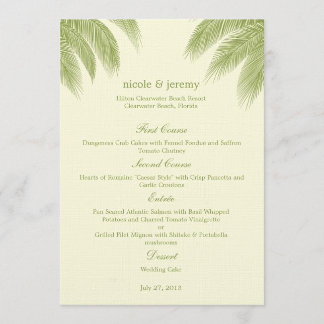 Palm Beach Wedding Menu Card - Verde (Frente)