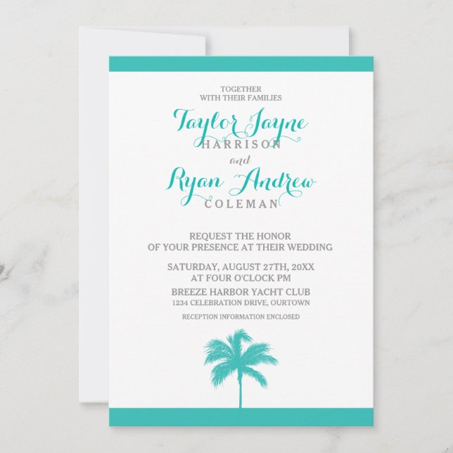 Palm Tree Aqua Cinza Convite para Casamento (Frente)