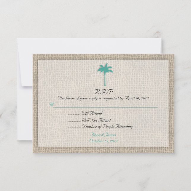 Palm Tree & Burlap Beach Weding RSVP Turquoise (Frente)