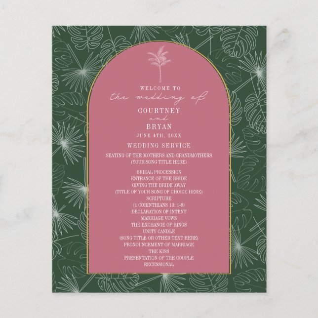 Palm Tree Leaf Pink & Green Weding Program (Frente)