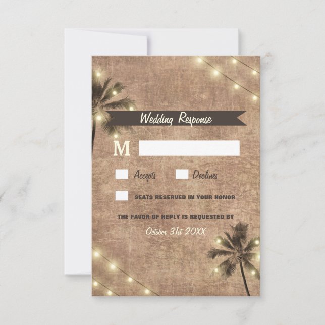Palm Tree Vintage Lights Beach Weding RSVP Cards (Frente)