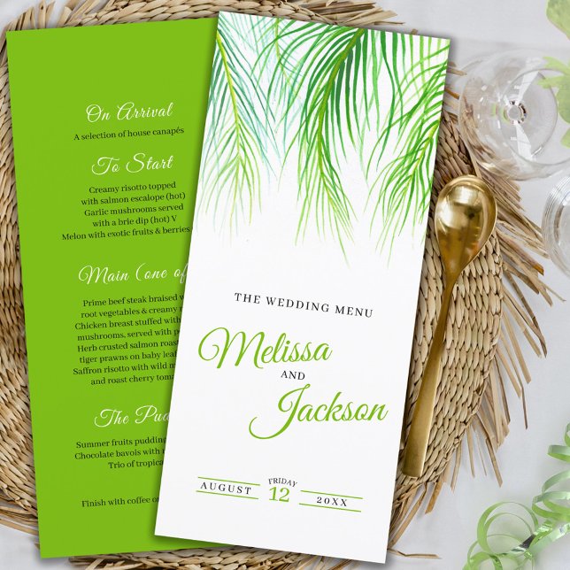 Palma tropical aquarela menu verde de casamento (Criador carregado)