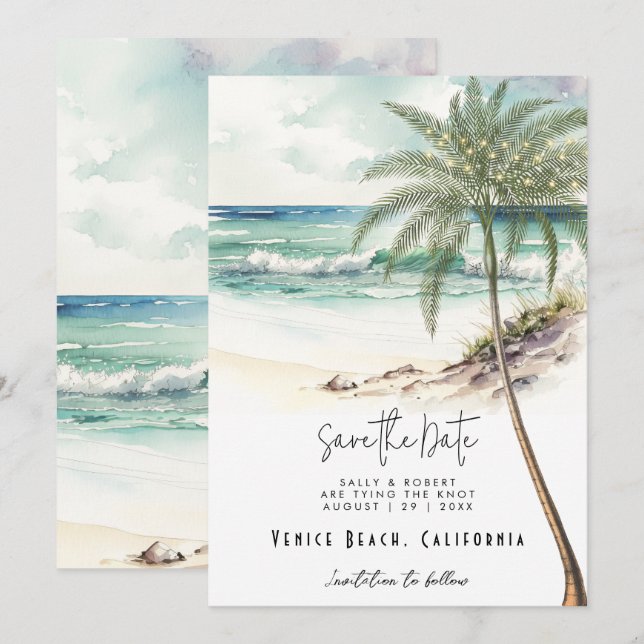 Palmeira tropical de praia salvar cartão de data (Frente/Verso)