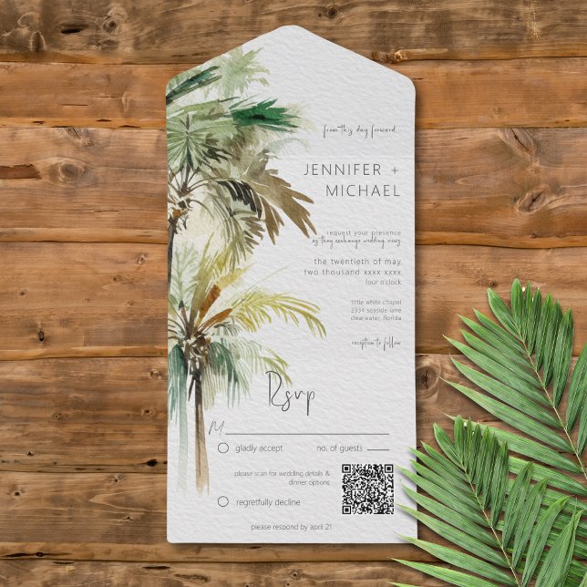 Palmeiras tropicais Código QR moderno (Tropical Palm Trees Modern All in One Wedding Invitation with QR Code)