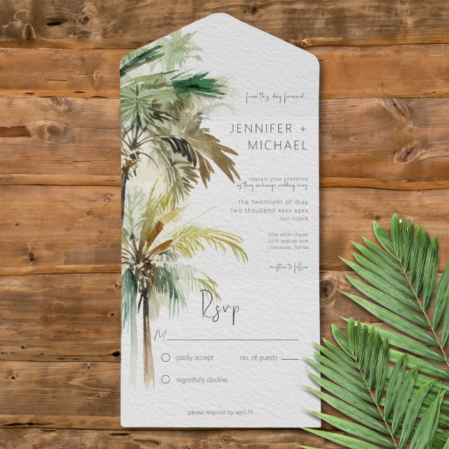 Palmeiras tropicais modernas sem Janto (Tropical Palm Trees Modern All in One Wedding Invitation without Dinner Options)