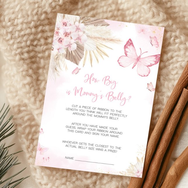 Palpite de Borboleta Rosa: Quão Grande é a Barriga (Girl Butterfly Pampas Grass Baby Shower How Big Is Mommy's Belly Game)