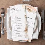 Pampas de vassoura menu de casamento e mensagem de<br><div class="desc">Criado a coordenar com a nossa coleção "Boho ARch & Pampas Grass Wedding", este menu de casamento personalizável é perfeito para qualquer na moda, e elegante recepção de casamentos. Apresentando uma mistura equilibrada de encanto rústico e delicada elegância em tons de terra suave, este menu é facilmente personalizável para incluir...</div>
