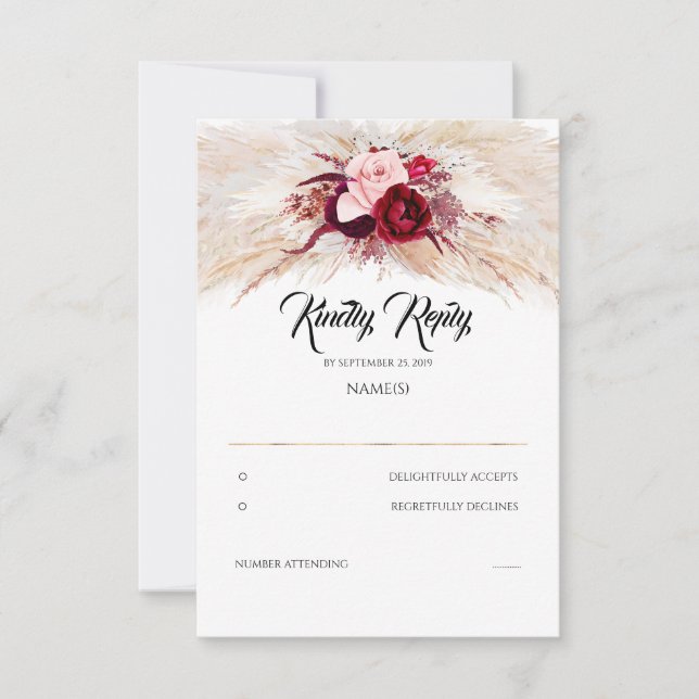 Pampas Grass Burgundy Red Chic Weding RSVP (Frente)