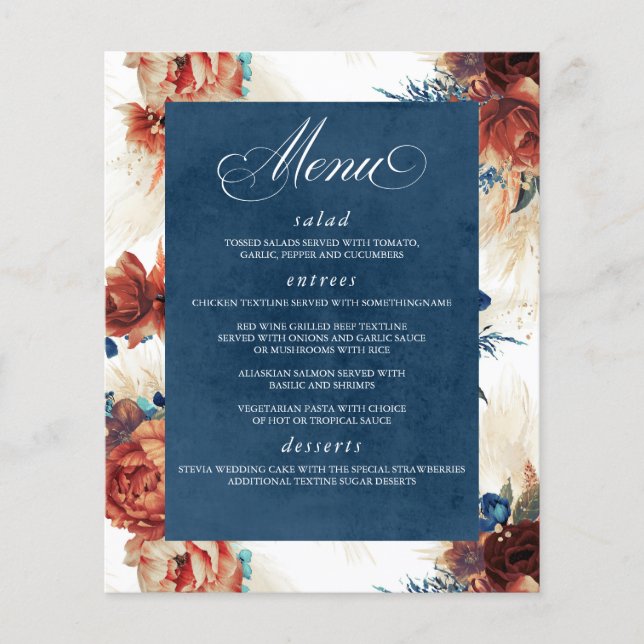 Pampas Grass Floral Terracotta Marinho Blue Menu (Frente)