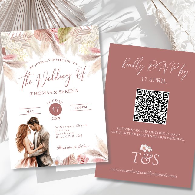 Pampas Grass QR Code RSVP Wedding Boho Convite (Criador carregado)
