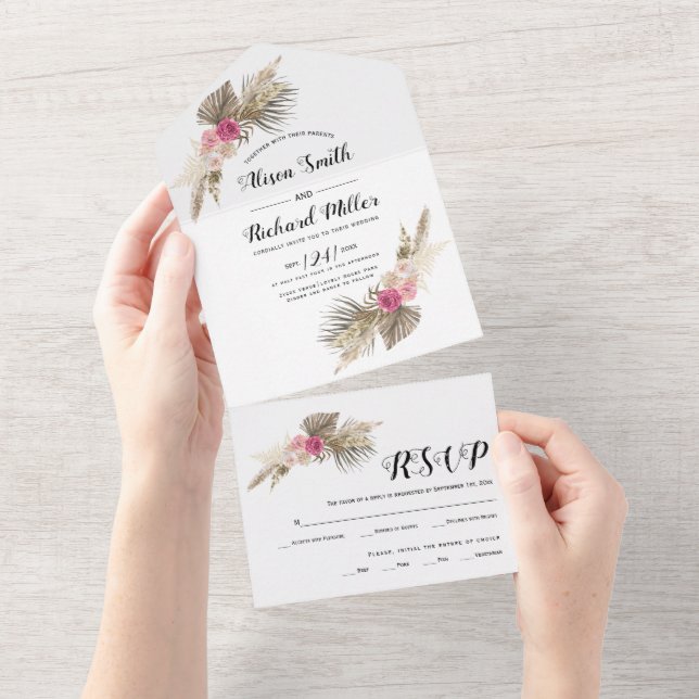 Pampas secas, folhas de palma, casamento de rosas (Aba destacável)