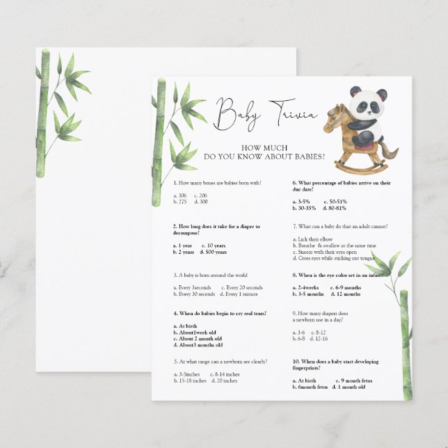 Panda Bear Baby Trivia | Jogo do chá de fraldas (Frente/Verso)