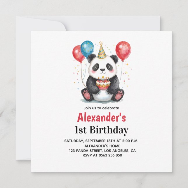 Panda bonita com balões e primeiro aniversario de  (Frente)