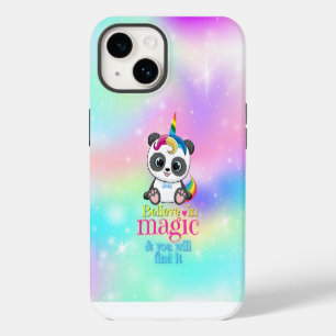 Panda unicórnio mágico em fundo de arco-íris