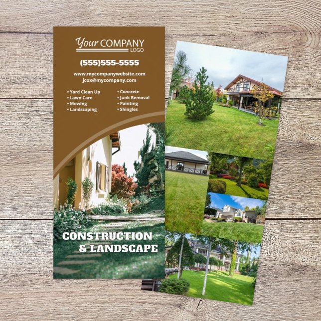 Panfleto Anúncio de empresa vertical marrom com fotos e log (Brown brochure rack card with tiled photos, modern rounded circular shapes, vertical business ad)