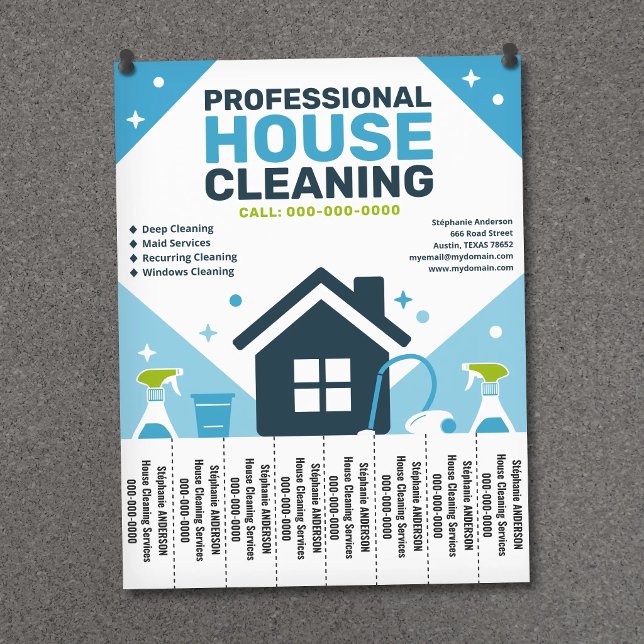 Panfleto Azul de Limpeza de Casa com Abas Desmontá (House Cleaning Blue Flyer with Tear-Off Tabs)