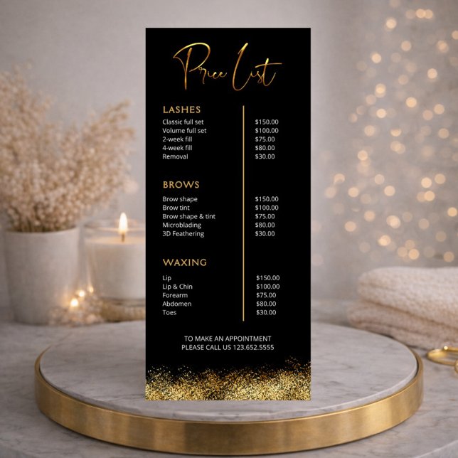 Panfleto Black & Gold Lash Tech Price List | Luxury Beauty  (Criador carregado)