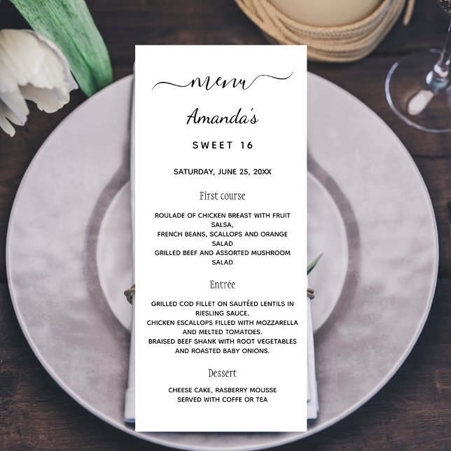 Panfleto Cardápio de aniversário branco preto elegante (Criador carregado)