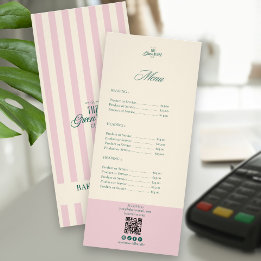 Panfleto Chic Pink Stripes Green Bakery Logo QR Price