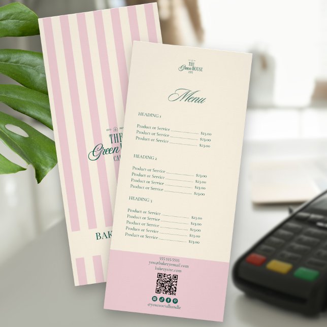 Panfleto Chic Pink Stripes Green Bakery Logo QR Price (Criador carregado)