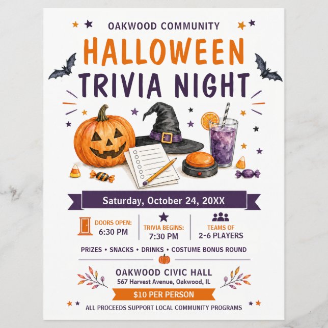 Panfleto Comunitário da Noite de Trivia do Hallowe (Frente)