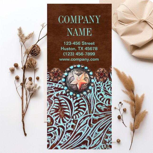 Panfleto couros e peles castanhos-turquesa, de países ocide (turquoise brown western country tooled leather rack card)