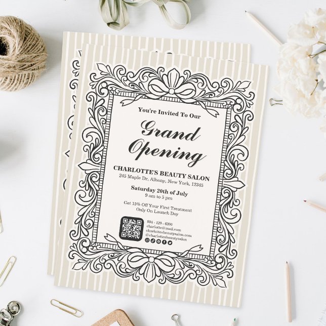 Panfleto de Abertura com Moldura de Arco Ornamenta (Ivory Ornate Bow Frame Grand Opening Flyer)