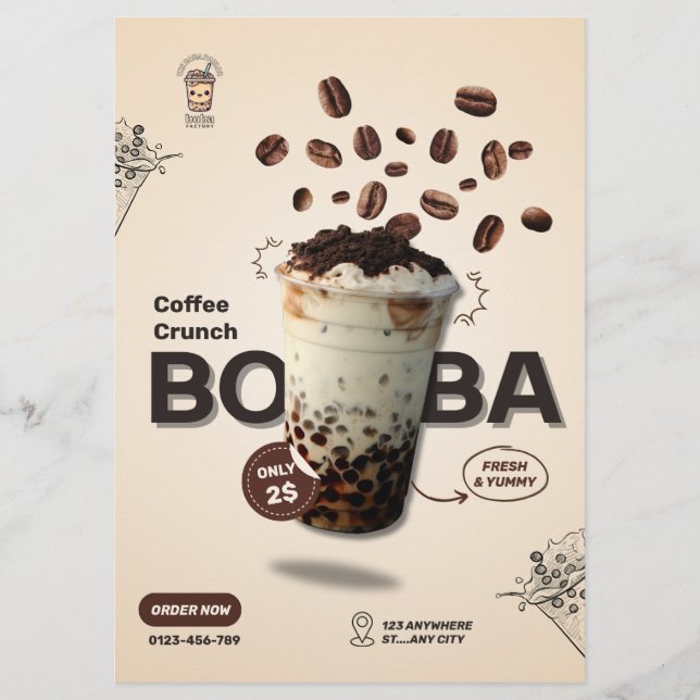 Panfleto de Café de Chá Boba Editável, Menu de Peq (Frente)
