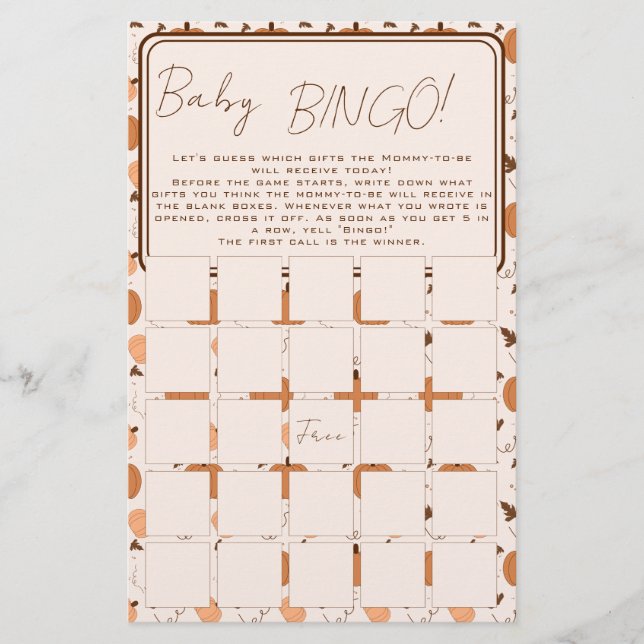 Panfleto de Jogo de Bingo de Bebê de Abóbora Fofa  (Frente)