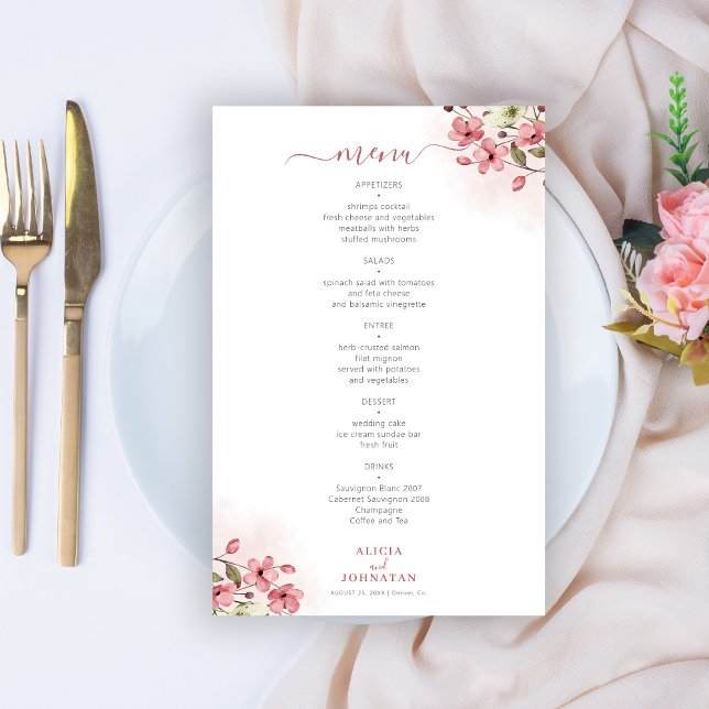 Panfleto de menu de casamento floral rosa bege eco (Criador carregado)