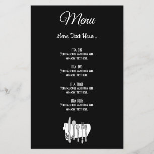 Panfleto de Menu Editável de Talheres Preto e Bran