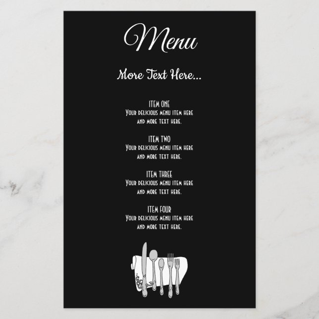 Panfleto de Menu Editável de Talheres Preto e Bran (Frente)