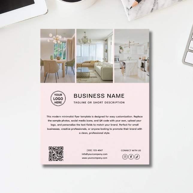 Panfleto de Negócios Rosa Suave Foto Logotipo Míni (Minimal Logo Photo Soft Pink Business Flyer)