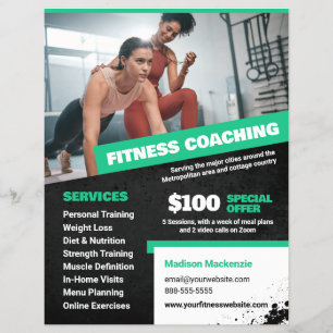 Panfleto de Treinador Pessoal Verde e Coaching de