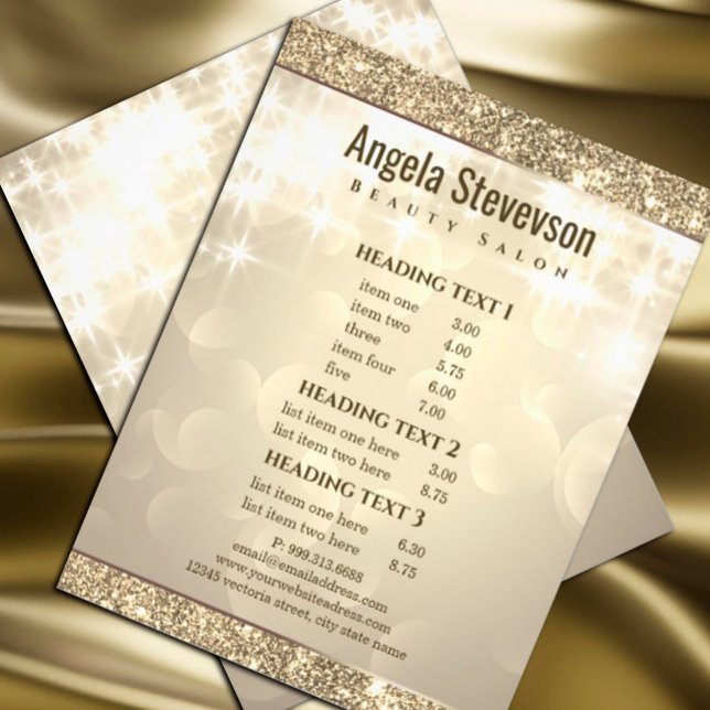 Panfleto Dourado Glitter Elegante e Brilhante (#shinypricelist #zazzlemade #elegantopalpricelist #sparkle #light #bright #salepromotion #listofsale)