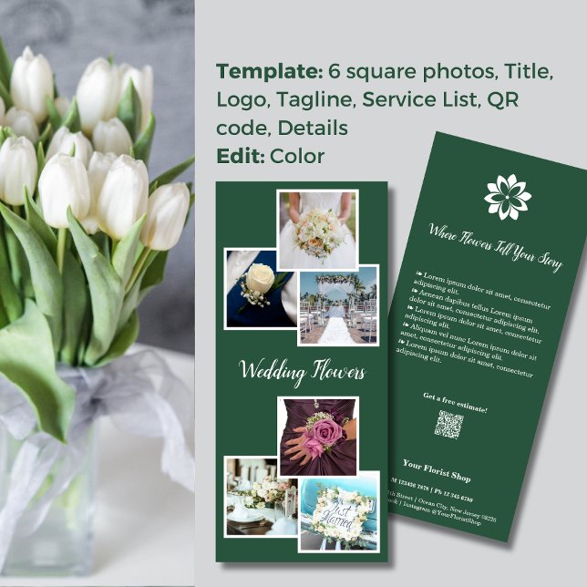 Panfleto Elegância Verde & Branco 💐 Flores de Casamento Fl (Green & White Elegance 💐 Wedding Flowers Florist Rack Card)