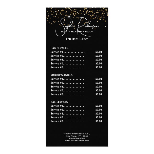 Panfleto Elegant Black & Gold Glitter Price List Rack Card (Frente)