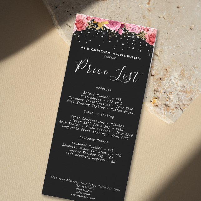 Panfleto Flores Cor-de-Rosa Botânicas Brilho de Diamante Sa (Botanical Pink Flowers Diamond Glitter Black Salon Rack Card)