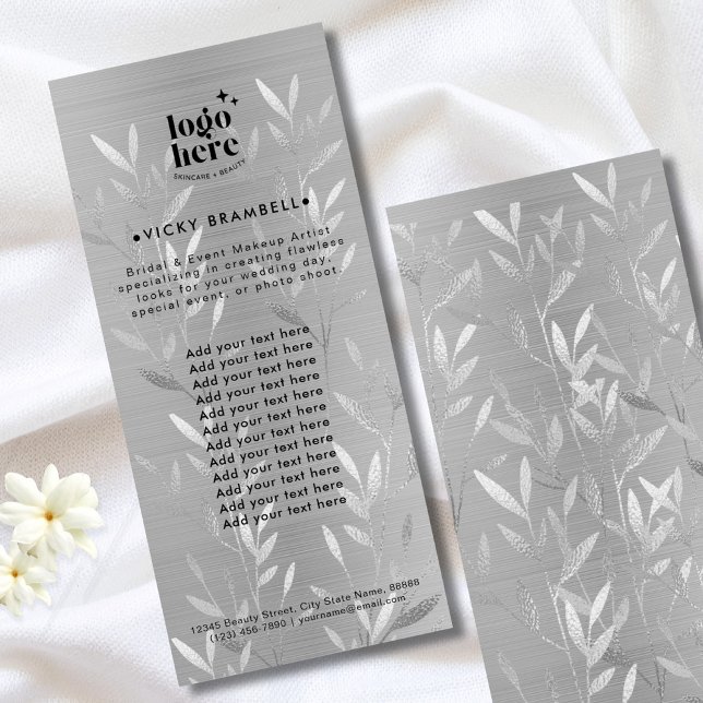 Panfleto Folhas Delicadas de Metal Escovado com Prata Falsa (Delicate Silver Leaves Brushed Metal Catalog Rack Card)