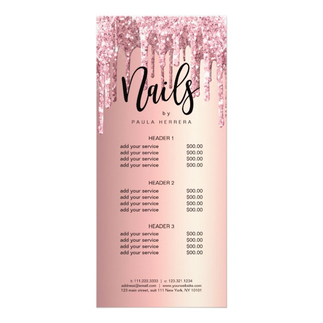 Panfleto Glitter rosa de cobre elegante goteja unhas (Frente)
