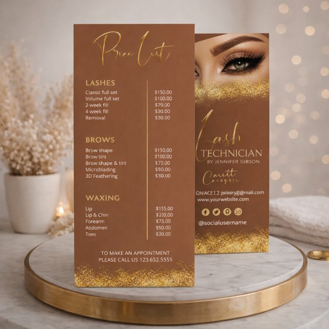 Panfleto Gold & Brown Lash Tech Price List | Luxury Beauty  (Criador carregado)