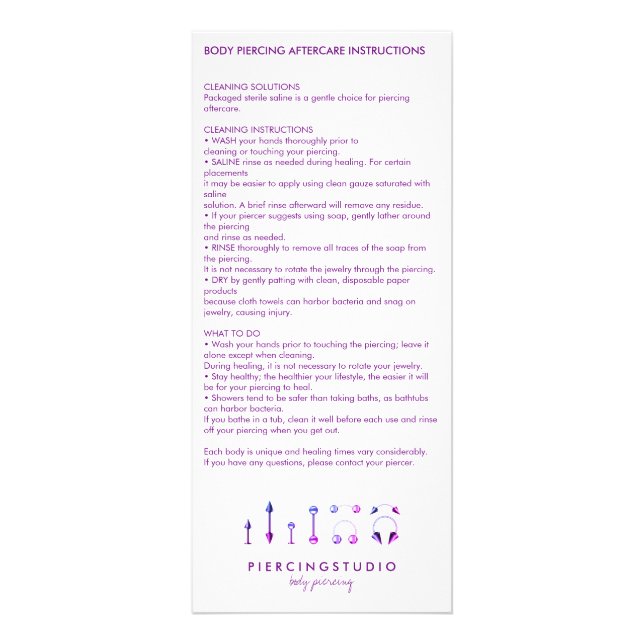 Panfleto Instruções de Cuidados Pós-Piercing Corporal Roxo (Frente)