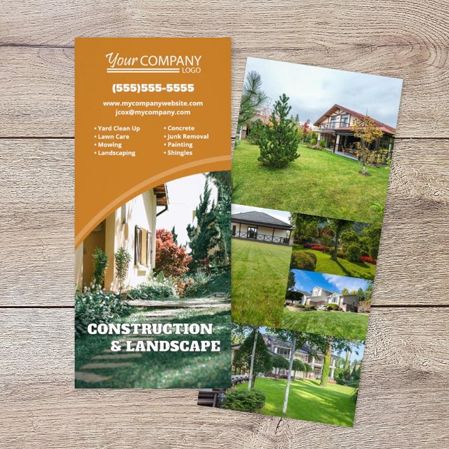Panfleto Laranja Ferrugem, Design Curvo Arredondado Moderno (rust orange vertical rack card, vertical brochure with rounded photo shapes, brownish yellow)