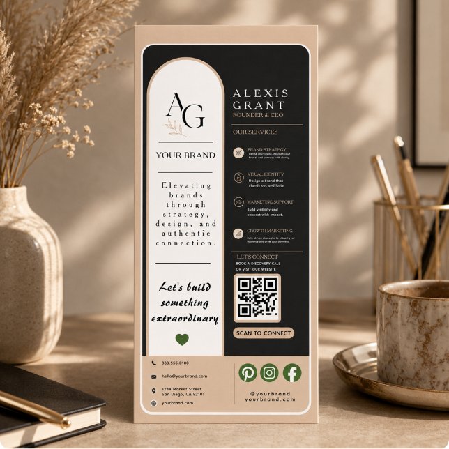 Panfleto Lembrete de Compromisso com Código QR de Luxo Bege (Black Beige Luxury QR Code Appointment Reminder Rack Card)